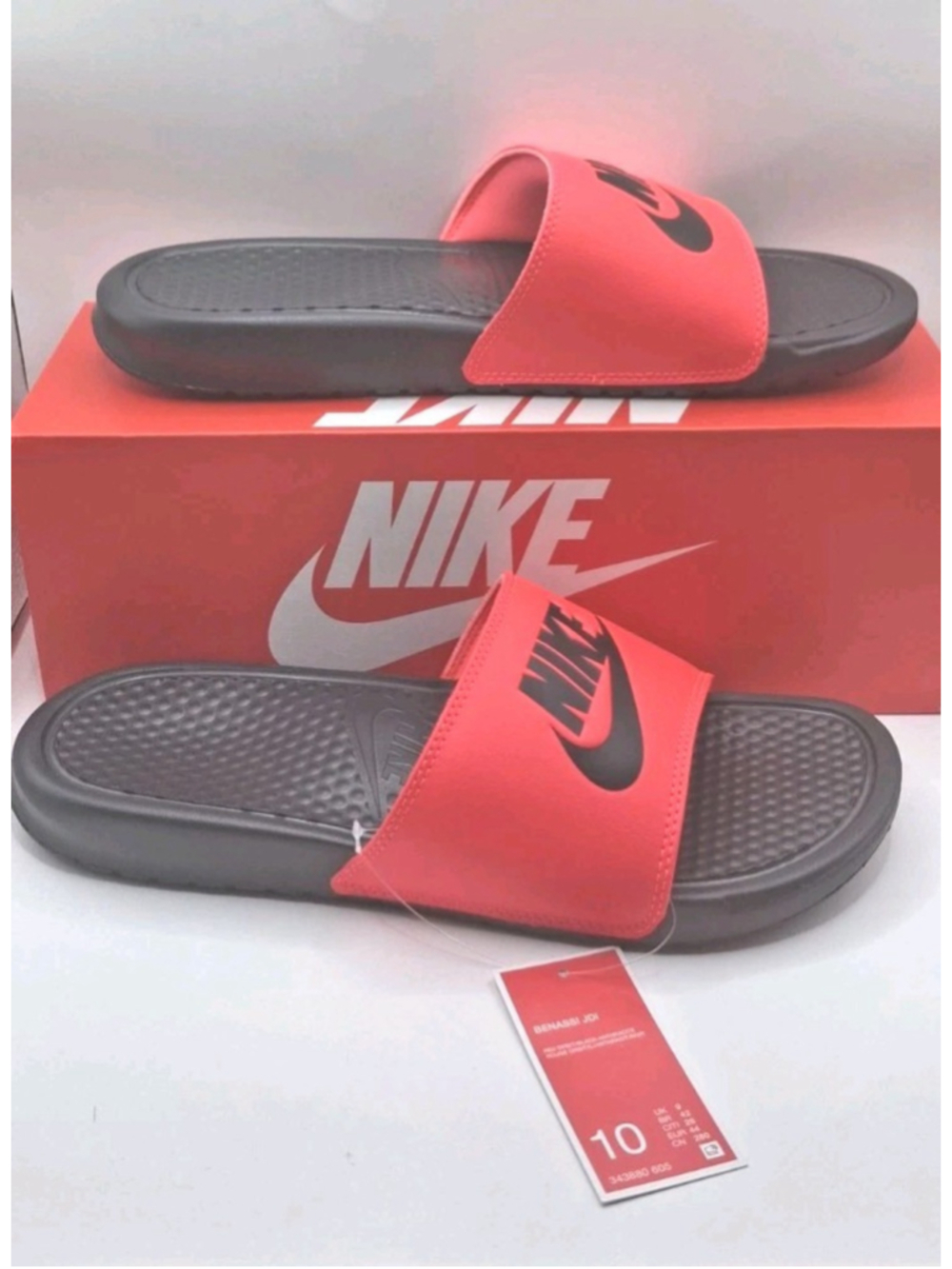 MENS NIKE BENASSI "JUST DO IT." SANDAL 605 343880-605 RED ORBIT/BLACK-SIZE 10 - Picture 1 of 7